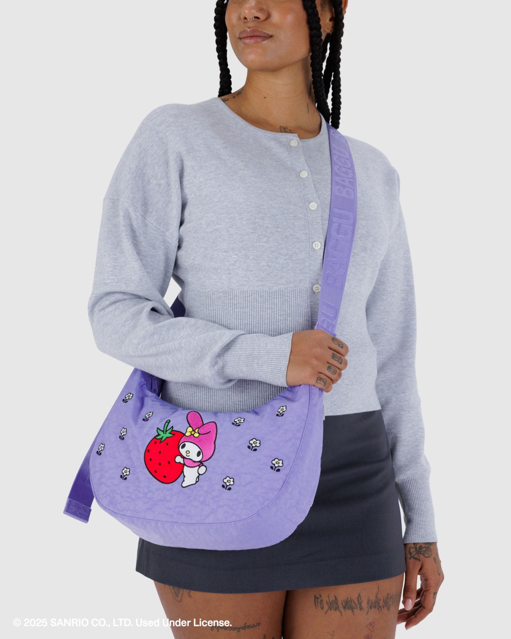 Medium Nylon Crescent Bag: Embroidered My Melody Strawberry - Image 4