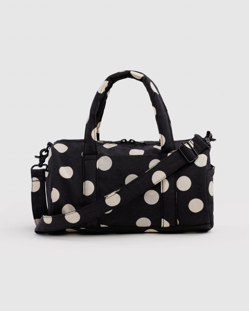 Nylon Duffle Bag: Black and Cream Polka Dot