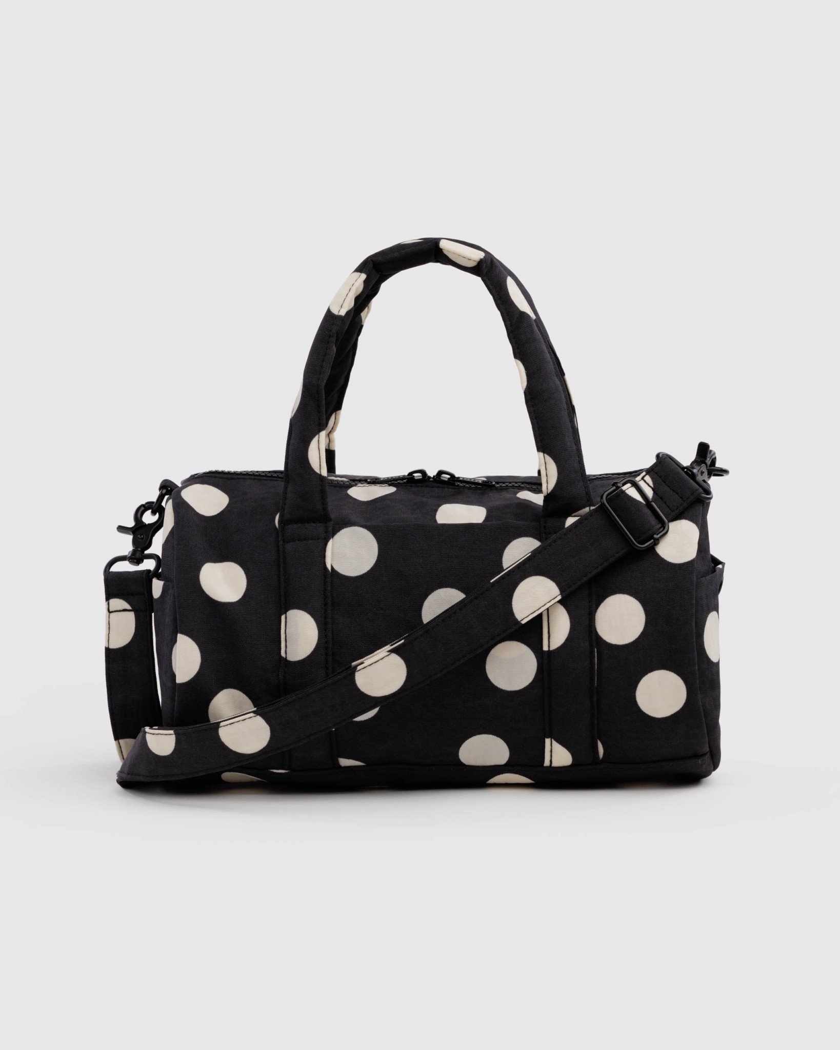 Nylon Duffle Bag: Black and Cream Polka Dot - Image 1