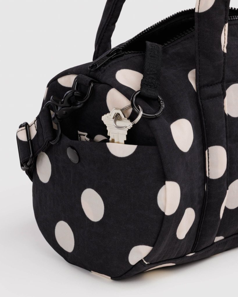 Nylon Duffle Bag: Black and Cream Polka Dot