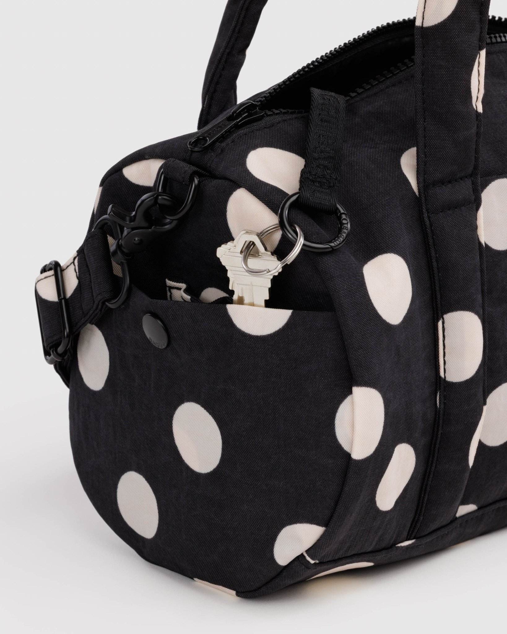 Nylon Duffle Bag: Black and Cream Polka Dot - Image 3