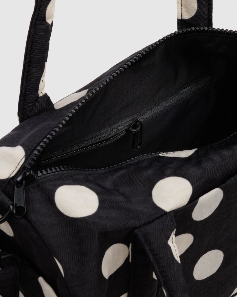 Nylon Duffle Bag: Black and Cream Polka Dot